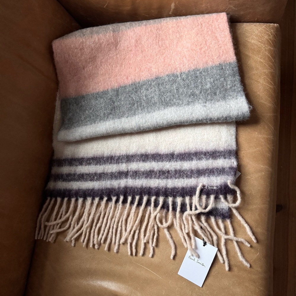 Paul Smith Baby Alpaca striped pink gray cream blanket scarf wrap mohair NWT